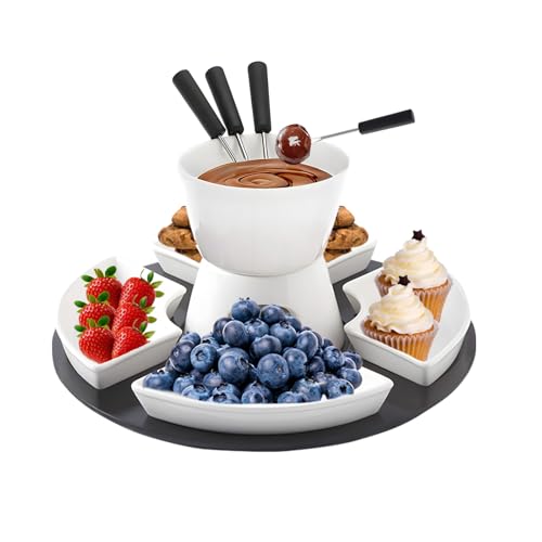 bechoanigel Keramik Schokofondue Set, 300ML Schokoladenfondue mit 4 Keramiktellern und 4 Gabeln, beheizt mit Einer Kerze, Weiß Drehbares Schokoladen Fondue Set für Süßigkeiten Butter Käse von bechoanigel