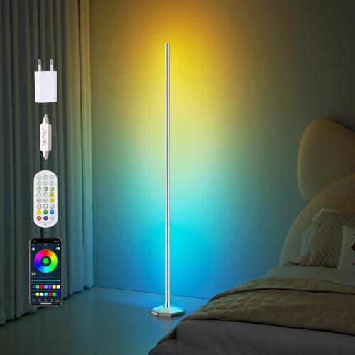 165cm Acht-eckige Eckleuchten Silber, LED Stehlampe mit Fernbedienung und App-Steuerung, Atmosphäre mit Farbwechsel-Musikdekoration, 16 Millionen dimmbare Lichter für Schlafzimmer/Wohnzimmer/Shop von bedee