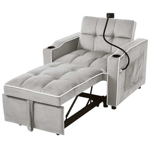 bedmance 3-in-1 Schlafsessel mit Bettfunktion, Klappbares Schlafsofa Klein Sofa Bed mit USB-Ladeport & Drink Holder, Extendable Sleeping Armchair with Side Pocket. von bedmance