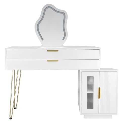 bedmance Schminktisch mit LED Beleuchtung und Spiegel,Verstellbare Helligkeit, Moderner Makeup Vanity Dressing Table, Frisiertisch (ohne Hocker) von bedmance