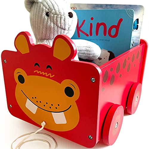 Spielzeugkiste aus Holz Nilpferd | 2-in-1-Zugwagen & Aufbewahrungsbox auf Rädern für Kinderzimmer/Schlafzimmer | Babytruhe für Kinderspielzeug, Spiel/Buchorganizer | Geschenke für Jungen & Mädchen von bee SMART