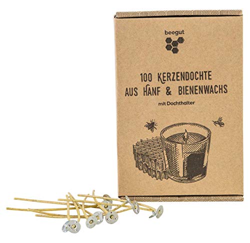 beegut 100 nachhaltige Kerzendochte aus nachwachsendem Hanf & natürlichem Bienenwachs, ohne Paraffin, Kerzendocht 10cm mit praktischem Dochthalter von beegut