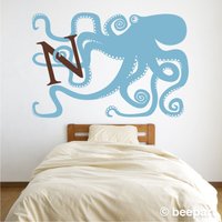Oktopus Monogramm Wandtattoo, Große Aufkleber Kunst, Benutzerdefinierte Erste Aufkleber, Kinderzimmer Dekor, Kostenloser Versand von beepart
