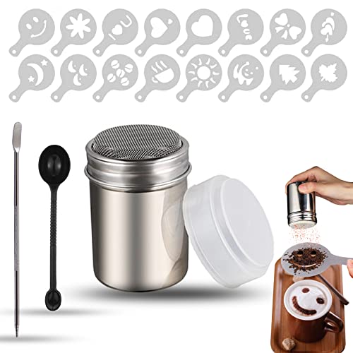 behone 19 Stücke Puderzuckerstreuer Kakaostreuer Edelstahl Schokoladenstreuer mit16 pcs Kaffee Cappuccino Schablonen+Messlöffel+Schablonenkunst Stift Werkzeuge für die Herstellung Kaffee Cappuccino von behone