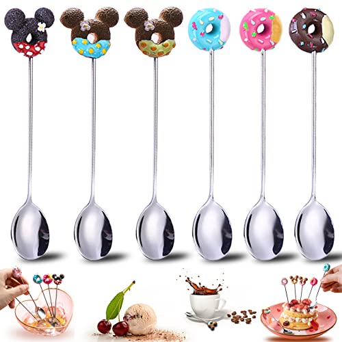 behone Löffel Set 6 stücke Löffel Edelstahl Longdrinklöffel 12cm Donut + Micky Maus Modellieren Dessertlöffel Kaffeelöffel Teelöffel Geeignet für Obst, Kuchen, Kaffee-Heißgetränke, Eis usw von behone