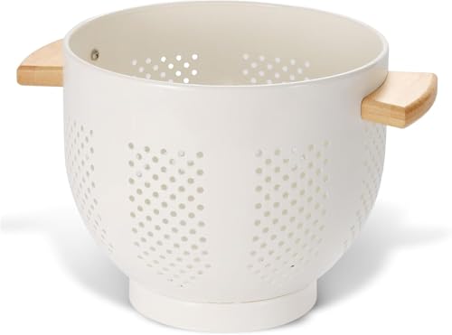 beifeier Metall Nudelsieb mit Holzgriff und Stabiler Basis, 22cm Großes Küchensieb für Pasta, Gemüse und Obst, Langlebiges Küchen Seiher Sieb (Cremefarben) von beifeier