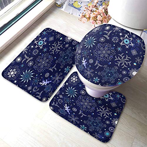 Set 3 Teilig Badvorleger Dunkelblaue Weihnachten Weiß Blau Und Violett Schneeflocken Küchentürteppich Langlebige Weiche U-Förmigen Contour Matte, Für Wohnzimmer, Badewanne von beijinghongyuyuanshangmaoyouxiangongsi