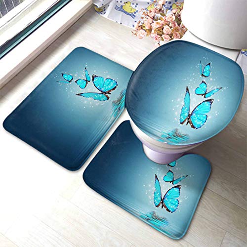 Set 3 Teilig Badvorleger Schmetterling Blau Helle Farbe Schöne Magische Schmetterling Fliegen Über Wasser Badematte Und Wc-Vorleger-Set Waschbar Dekorative Badematte 3-TLG, Für Wohnzimmer von beijinghongyuyuanshangmaoyouxiangongsi