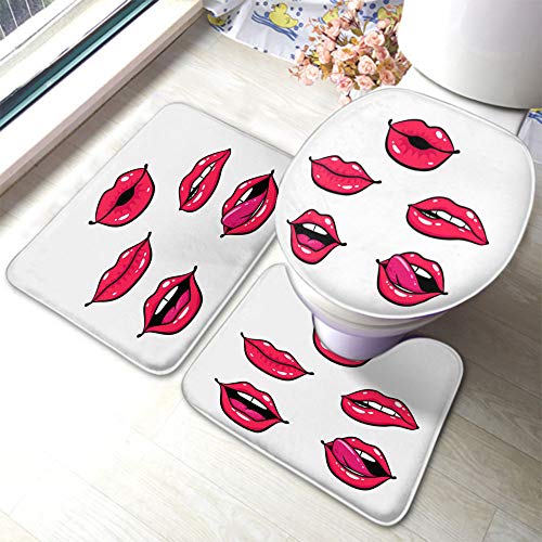 Set 3 Teilig Badvorleger Weibliche Lippen Sexy Mund Mit Einem Kuss, Lächeln, Zunge, Zähne Teppiche Und Toilettendeckel Langlebige Waschbar U-Förmigen Contour Matte, Für Badewanne, Wc-Sitz Bezug von beijinghongyuyuanshangmaoyouxiangongsi