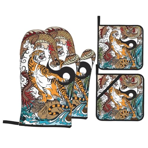 Topflappen Und Topflappen Set Von 4 Chinesischer Drache Und Tiger Topfpads Doppelschicht Weiches Grillhandschuhe, Für BBQ, Grillen von beijinghongyuyuanshangmaoyouxiangongsi