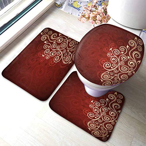 rutschfeste 3 Badteppich Set Abstrakt Blume Schönheit AST Blätter Retro Swirl Badgarnitur Badematten Wasserabsorbierend Dekorative Kontur Badteppich, Für Spa, Badewanne von beijinghongyuyuanshangmaoyouxiangongsi