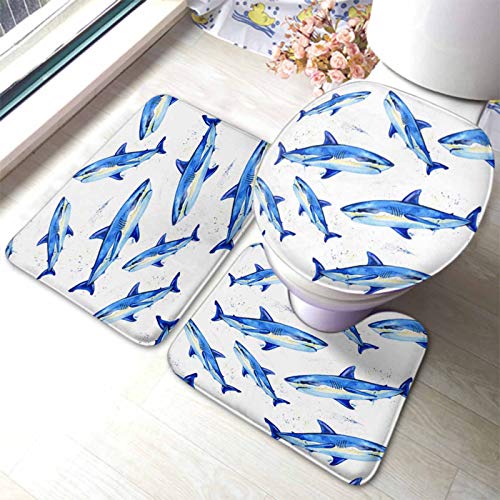 rutschfeste 3 Badteppich Set Aquarell Weißer Hai Cartoon Blauer Hai Badezimmer Teppiche Set 3 Stück Dekorative Waschbar Badezimmer Set, Für Wohnzimmer, Wc-Sitz Bezug von beijinghongyuyuanshangmaoyouxiangongsi