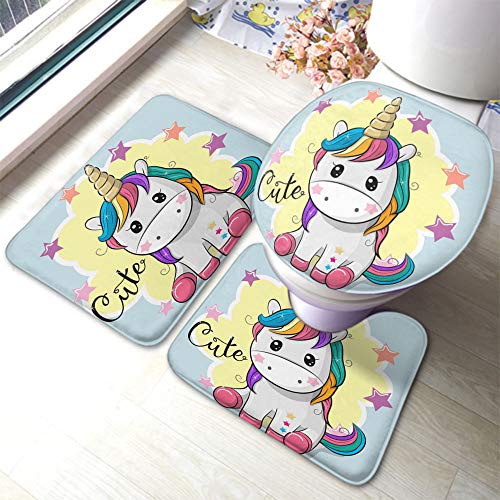 rutschfeste 3 Badteppich Set Einhorn Niedliches Cartoon Einhorn Mit Star Girl Dream Badematte Und Wc-Vorleger-Set Weiche Wasserabsorbierend Konturmatte, Für Dusche, Wc-Sitz Bezug von beijinghongyuyuanshangmaoyouxiangongsi