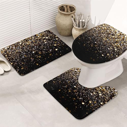 rutschfeste 3 Badteppich Set Gold Schwarz Funkelt Badematte 3-TLG Waschbar Langlebige Badezimmer Set, Für Dusche, Wohnzimmer von beijinghongyuyuanshangmaoyouxiangongsi