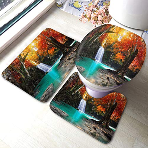 rutschfeste 3 Badteppich Set Tiefer Wasserfall Herbstteich Mit Gelben Blättern Badteppich Weiche Wasserabsorbierend rutschfeste Fußmatte Set, Für Spa, Dusche von beijinghongyuyuanshangmaoyouxiangongsi
