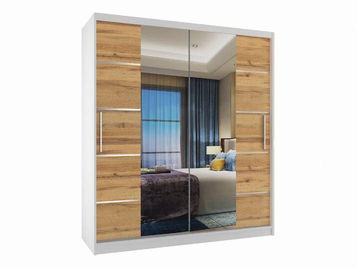 Kleiderschrank 133 cm Belini weiß matt / Wotan-Eiche mit Schiebetüren mit Spiegel und Schubladen Hersteller ME SZP6/1/W/DW/0/KLAL von belini