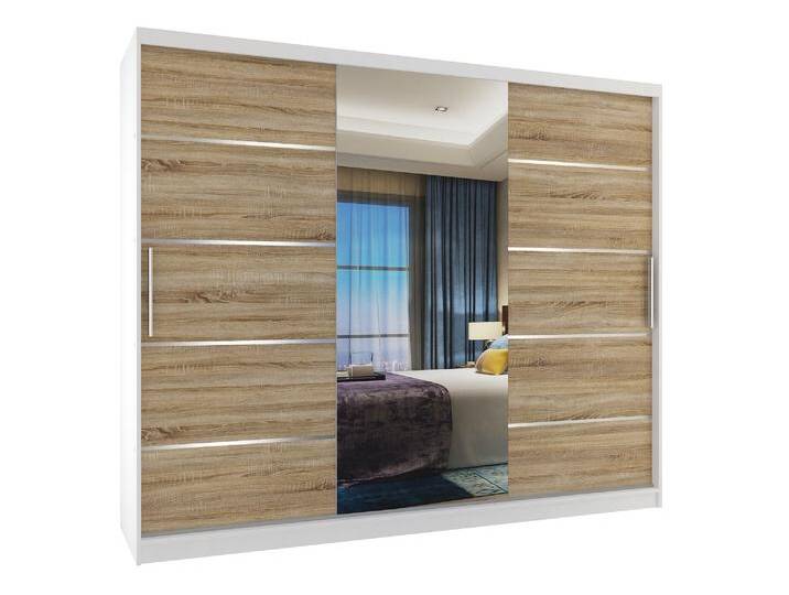 Kleiderschrank 235 cm Belini weiß matt / Sonoma-Eiche mit Schiebetüren mit Spiegel und Schubladen Hersteller MBP SZP8/0/1W/2DS1L/0/KLAL von belini