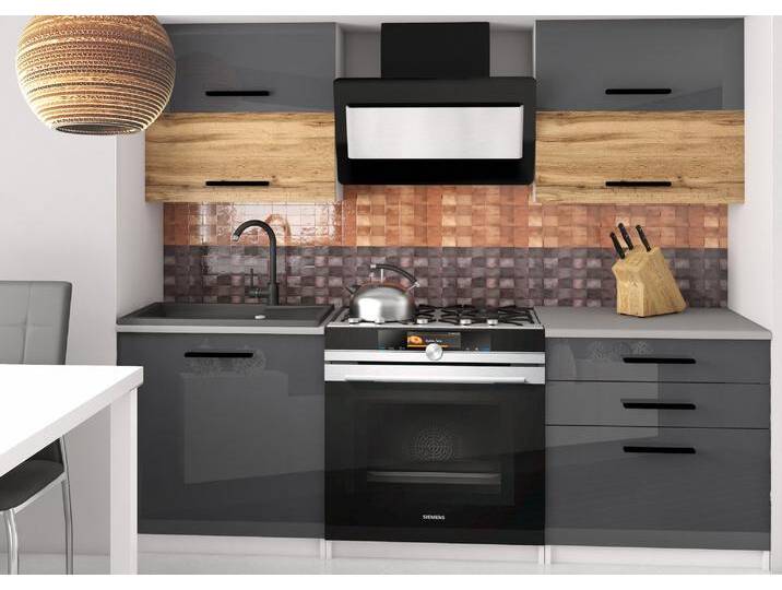 Küchenzeile Belini 120 cm grau glänzend / Eiche wotan mit Arbeitsplatte Eleganta2 Hersteller INF ELEGANTA2/2/WT/SDWS/0/B1 von belini