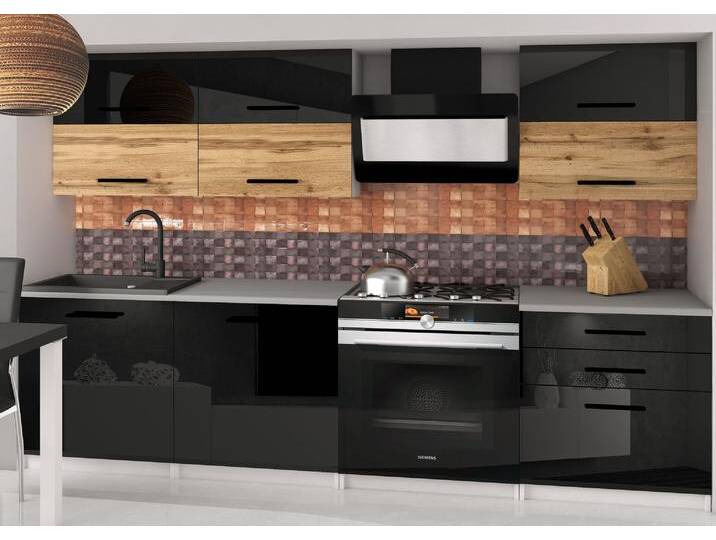 Küchenzeile Belini 180 cm schwarz glänzend / Eiche Wotan mit Arbeitsplatte Primera2 Hersteller INF PRIMERA2/2/WT/BDWB/0/B1 von belini