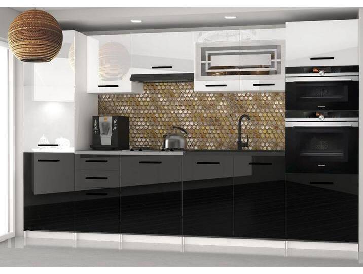 Küchenzeile Belini 300 cm weiß glänzend / schwarz glänzend mit Arbeitsplatte Syntka2 Hersteller INF SYNTKA2/5/WT/WB/0/B1 von belini