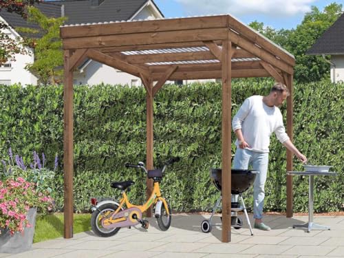 Belladoor Holzunterstand UNIPORT | Holz Gerätehaus | Kamin-Holzregal | Terrassenüberdachung | BxTxH: 203x199x230 cm | Pfosten 7x7 cm | Braunes KDI-Kiefernholz | Inkl. Transparenten PVC-Dachplatten von belladoor
