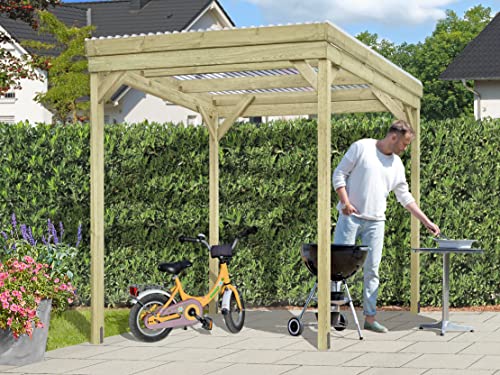 Belladoor Holzunterstand UNIPORT | Holz Gerätehaus | Kaminholzregal | Holzregal Außen | Terrassenüberdachung | BxTxH: 203 x 199 x 230 cm | Pfosten 7 x 7 cm | Inkl. Transparenten PVC-Dachplatten von belladoor