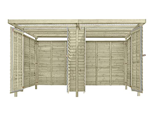 Belladoor Wood Gerätehaus Riga | Gartenhaus | Wandstärke 9 mm | Kesseldruckimprägniert | B x T x H: 408 x 254 x 220 cm | Doppeltür | Inkl. PVC-Dachplatten + Zusatzraum von belladoor