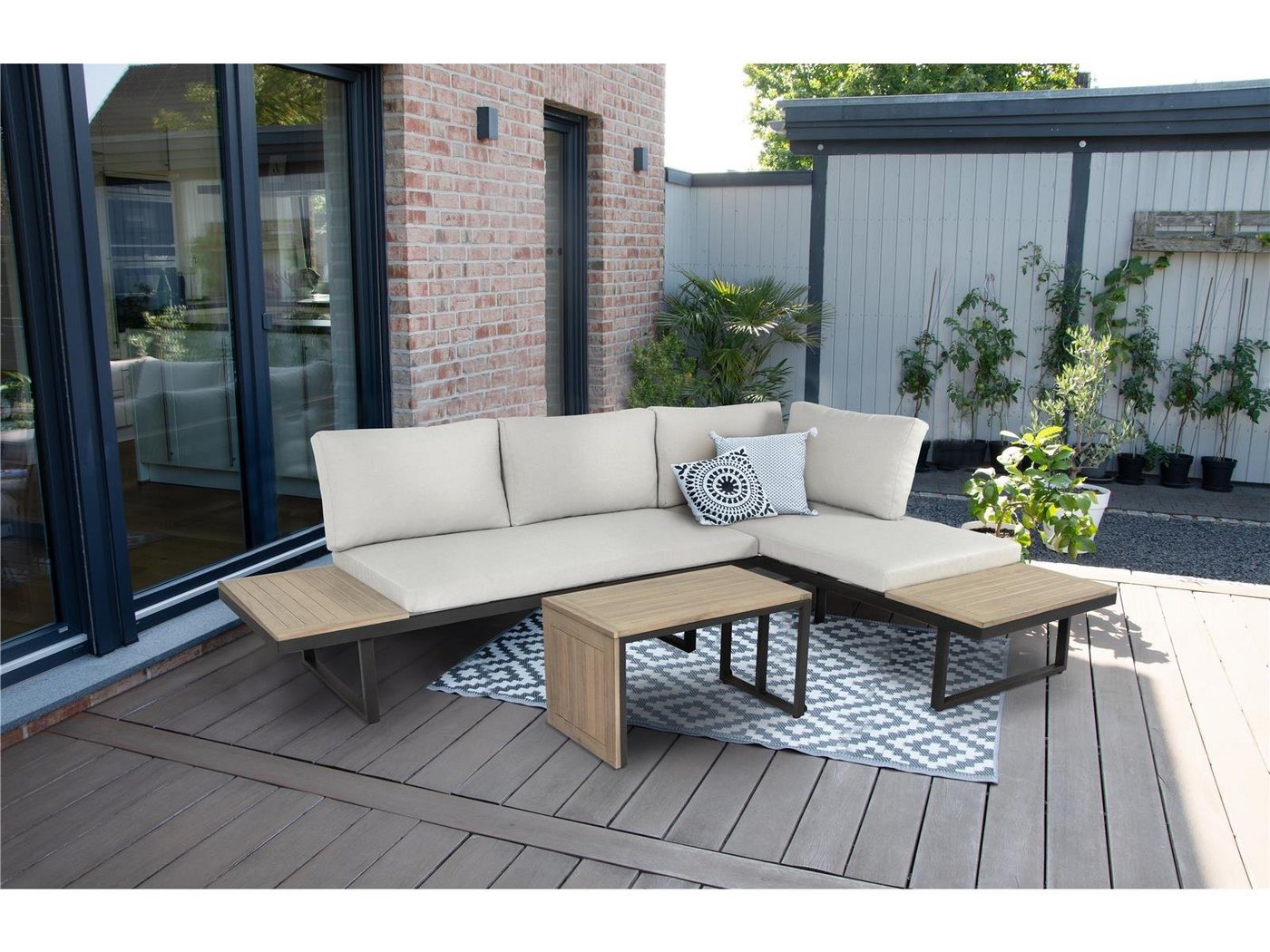 bellavista - Home&Garden® Loungeset Cella Aluminium Gartenlounge Set für 4 Personen, wetterfest, (Set, 3-tlg), Tischplatte und Seitenablage aus 100% FSC zertifiziertem Akazienholz von bellavista - Home&Garden®