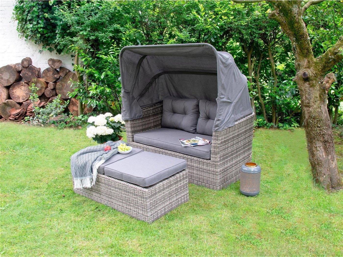 bellavista - Home&Garden® Strandkorb Multifunktionslounge - Strandkorb Long Island, BxTxH: 145x80x152 cm, Halblieger, Modern, (Set, 7-tlg), mit Fußablage und aufklappbarem Dach von bellavista - Home&Garden®