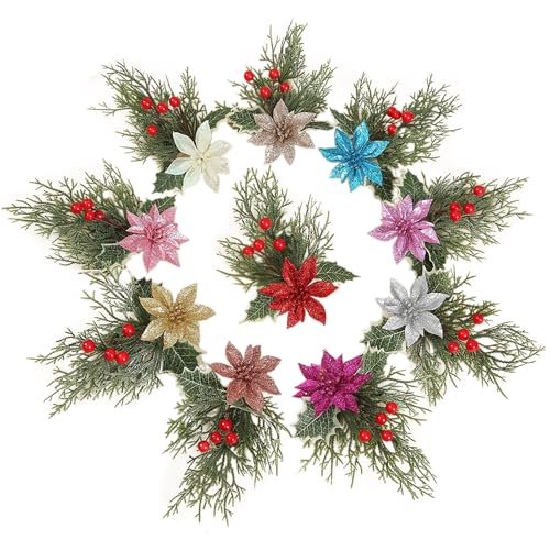 belupai 10 Stück Weihnachtsstern-Picks, Künstliche Weihnachtsstern-Blume mit Künstlichen Roten Beeren und Grünen Blättern, Kleine Künstliche Weihnachtsblumen für Selbstgemachte von belupai