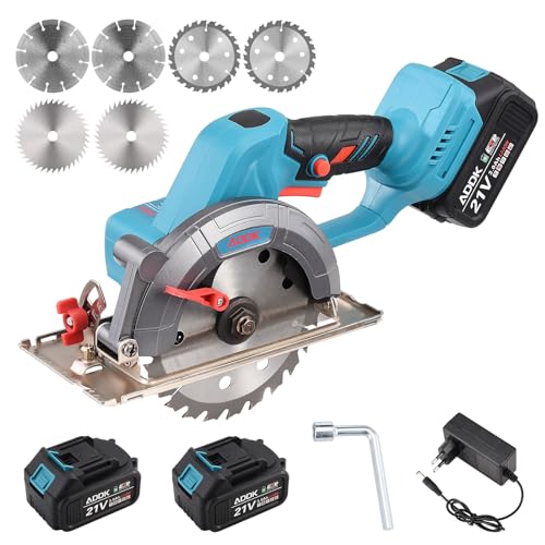 belupai 21 V Akku-Kreissäge, professionelle Kreissäge, einstellbarer Winkel und Tiefe, mit 6 Sägeblättern, 2 Stück 3,0 Ah Lithium-Akku und Ladegerät von belupai