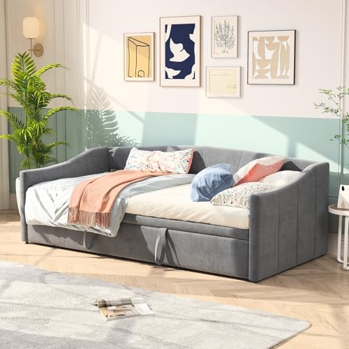belupai Doppelschlafsofa 90/180 x 200 cm, Tagesbett, Ausziehbett gleicher Höhe, ausziehbares Schlafsofa mit Lattenrost und Rückenlehne, ausziehbares Bett für Schlafzimmer Wohnzimmer, Grau Samt von belupai