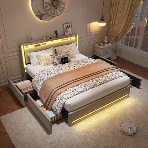 belupai Gepolstertes Doppelbett mit 4 Schubladen, 140 x 200 cm, gepolstertes Bett mit Lattenrost, Kopfteil mit LED-Beleuchtung und USB, moderner Bettrahmen für Erwachsene und Jugendliche, Beige von belupai