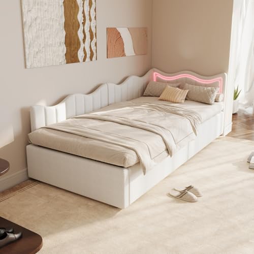 belupai Gepolstertes Schlafsofa 90 x 200 cm mit LED, Einzelbett mit Stauraum, Bett mit Lattenrost, elegantes Kinderbett, Tagesbett, aus Samt Beige (ohne Matratze) von belupai