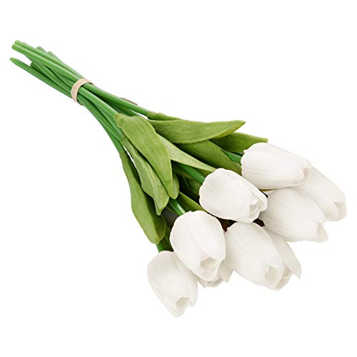 belupai Künstliche Tulpen, 33 cm, 10 Stück, Weiche Künstliche Tulpen, Echte Touch-Tulpen aus PU-Seide, mit Stiel aus Grünen Blättern, für Hochzeit, Party, Büro, Zuhause, Küche,(Weiß) von belupai