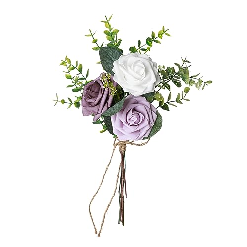 belupai Künstlicher Blumenstrauß, Eleganter Grün-weißer Seidenrosen-Hochzeitsstrauß, Kunstrosen, Romantischer Künstlicher Rosenstrauß für Hochzeit, Braut, Brautjungfern,(Lila) von belupai