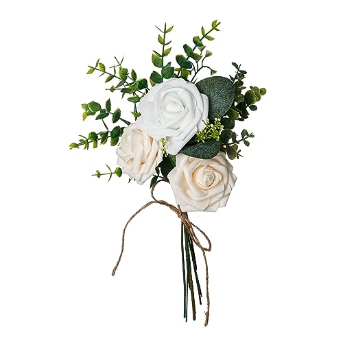 belupai Künstlicher Blumenstrauß, Eleganter Grün-weißer Seidenrosen-Hochzeitsstrauß, Kunstrosen, Romantischer Künstlicher Rosenstrauß für Hochzeit, Braut, Brautjungfern,(Weiß) von belupai