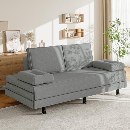 belupai Sofa Bett 90/180 x 200 cm, multifunktionales Bett 2-in-1 mit Lattenrost, Sofa-Rahmen für 2-Sitzer, modernes Teleskopbett mit gepolstertem Kissen, grau (ohne Matratze) von belupai