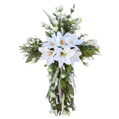belupai Weißer Lilienkranz, Frühlings-Sommer-Blumenkranz, Künstliche Lilien, Gänseblümchen, Kranz, Haustür, Osterkranz für Zuhause, Veranda, Bauernhaus, Innenbereich, Außendekoration von belupai