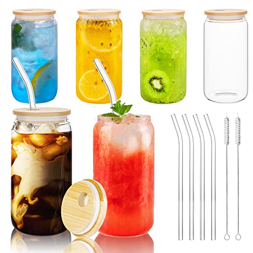 bemece Cocktailgläser mit Deckel und Strohhalm, 6 Stück Bierdosen Glas Smoothie Glas für Wasser, Cocktails, Bier, Soda, Säfte, Smoothie von bemece