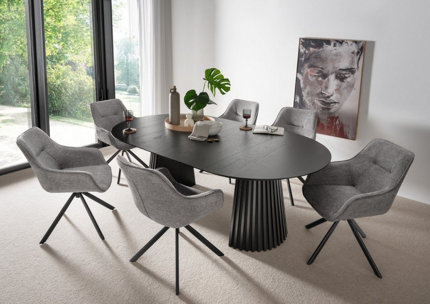 bene living Essgruppe Diningtisch Andria oval, 6er Set Diningsessel San Carlo hellgrau, (Indoormöbelset, 7-tlg), ausziehbare Eichenholz-Tischplatte - drehbare Diningsessel von bene living