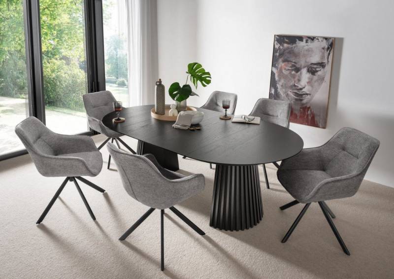 bene living Essgruppe Diningtisch Andria oval, 6er Set Diningsessel San Carlo hellgrau, (Indoormöbelset, 7-tlg), ausziehbare Eichenholz-Tischplatte - drehbare Diningsessel von bene living