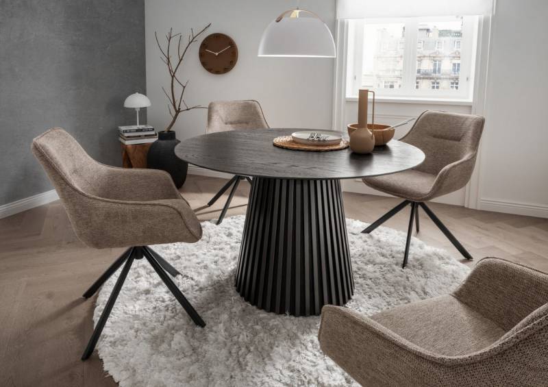 bene living Essgruppe Diningtisch Andria rund, 4er Set Diningsessel San Carlo hellbraun, (Indoormöbelset, 5-tlg), Eichenholz-Tischplatte - drehbare Diningsessel - Esszimmer von bene living