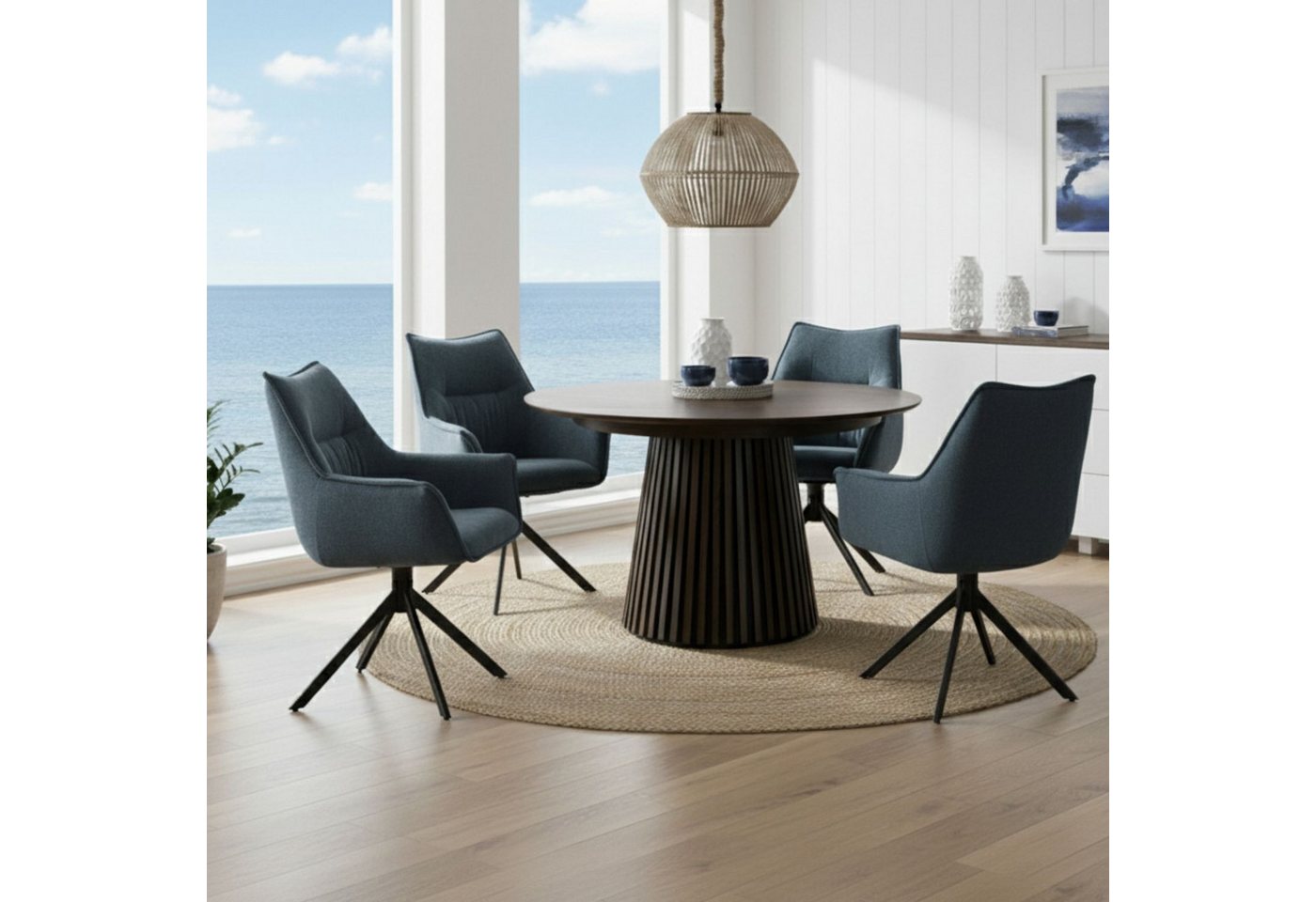 bene living Essgruppe Diningtisch Barletta, 4er Set Diningsessel Ginosa blau, (Indoormöbelset, 5-tlg), Eichenholz-Tischplatte - drehbare Diningsessel - Esszimmer von bene living