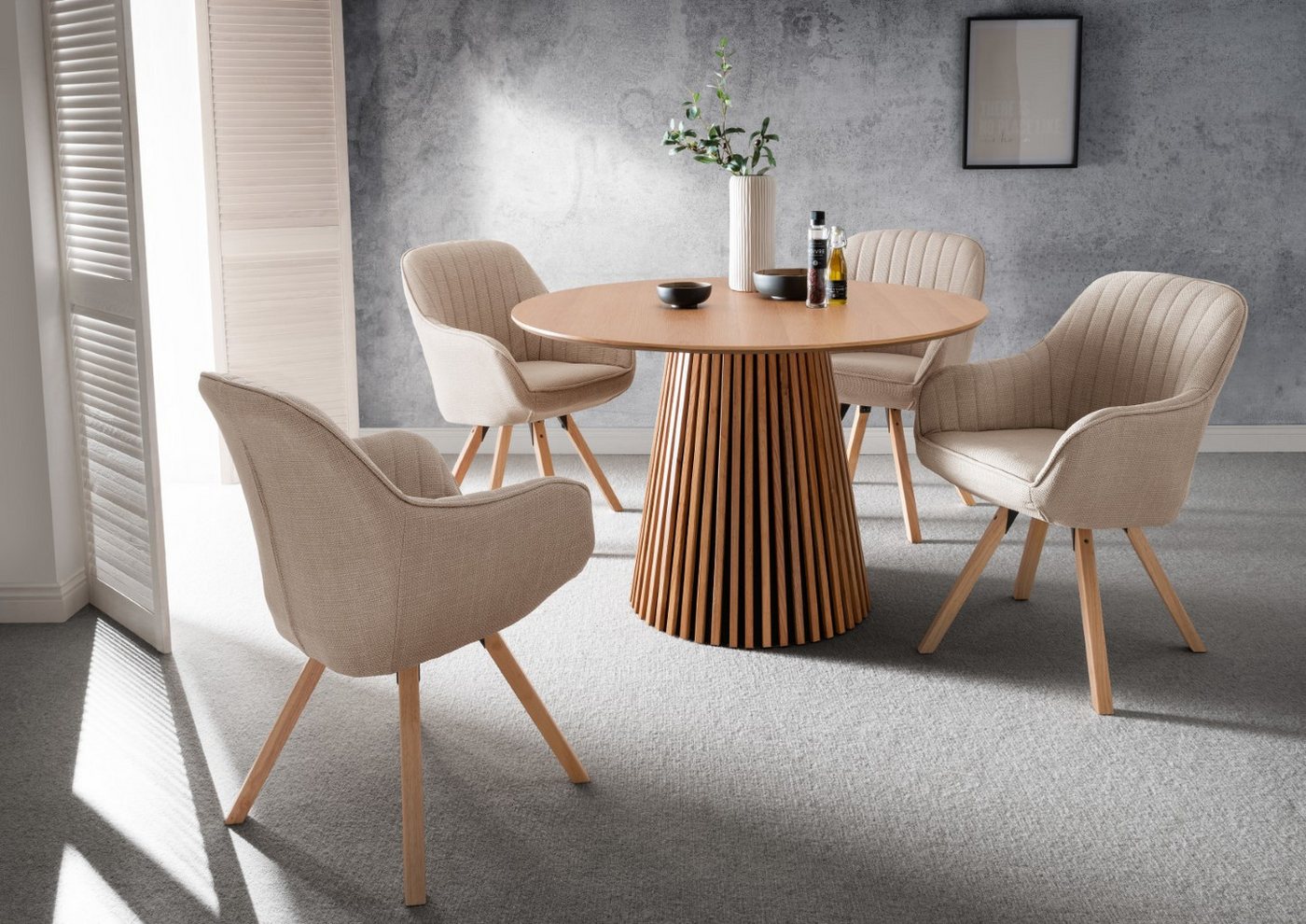 bene living Essgruppe Diningtisch Oria, 4er Set Diningsessel Matera beige, (Indoormöbelset, 5-tlg), Eichenholz-Tischplatte - drehbare Diningsessel - Esszimmer von bene living