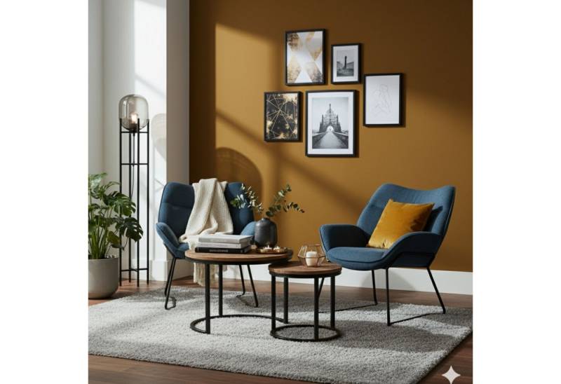 bene living Loungeset Möbelset Couchtisch Fermo, 2er Set Sessel Aliano blau, (4-tlg), Arm- und Rückenlehne - feines Mangoholz - Metall-Gestell von bene living