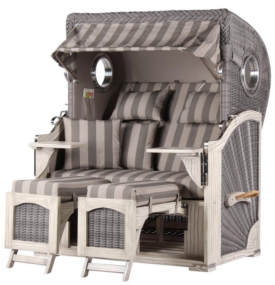 bene living Strandkorb Ammersee 2-Sitzer Mahagoni washed grey - PE Koboo grey - Modell 537, BxTxH: 125x80x165 cm, Volllieger ca. 175 Grad, Ostsee-Strandkorb Komplettset, inkl. Liftersystem und Bullaugen von bene living