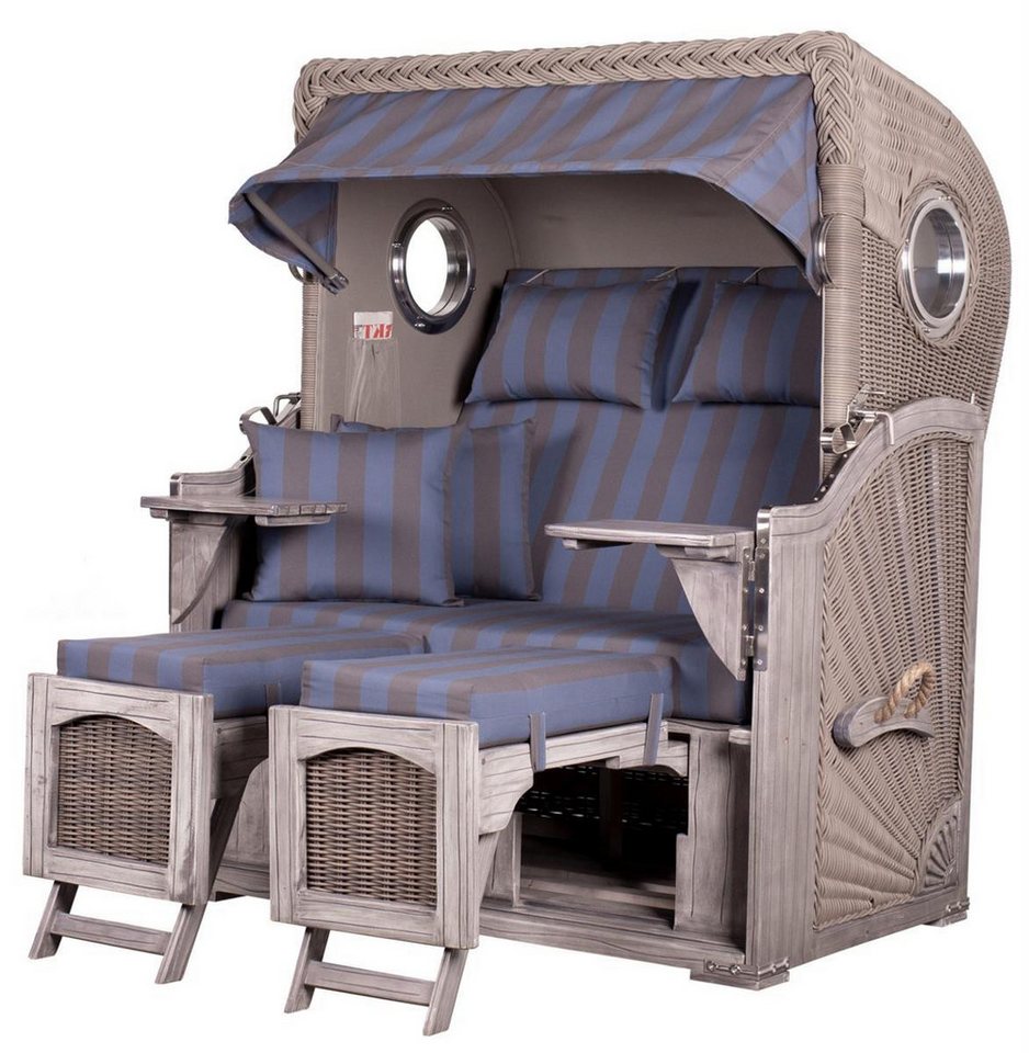 bene living Strandkorb Ammersee 2-Sitzer Mahagoni washed grey - PE Koboo grey - Modell 582, BxTxH: 125x80x165 cm, Volllieger ca. 175 Grad, Ostsee-Strandkorb Komplettset, inkl. Liftersystem und Bullaugen von bene living