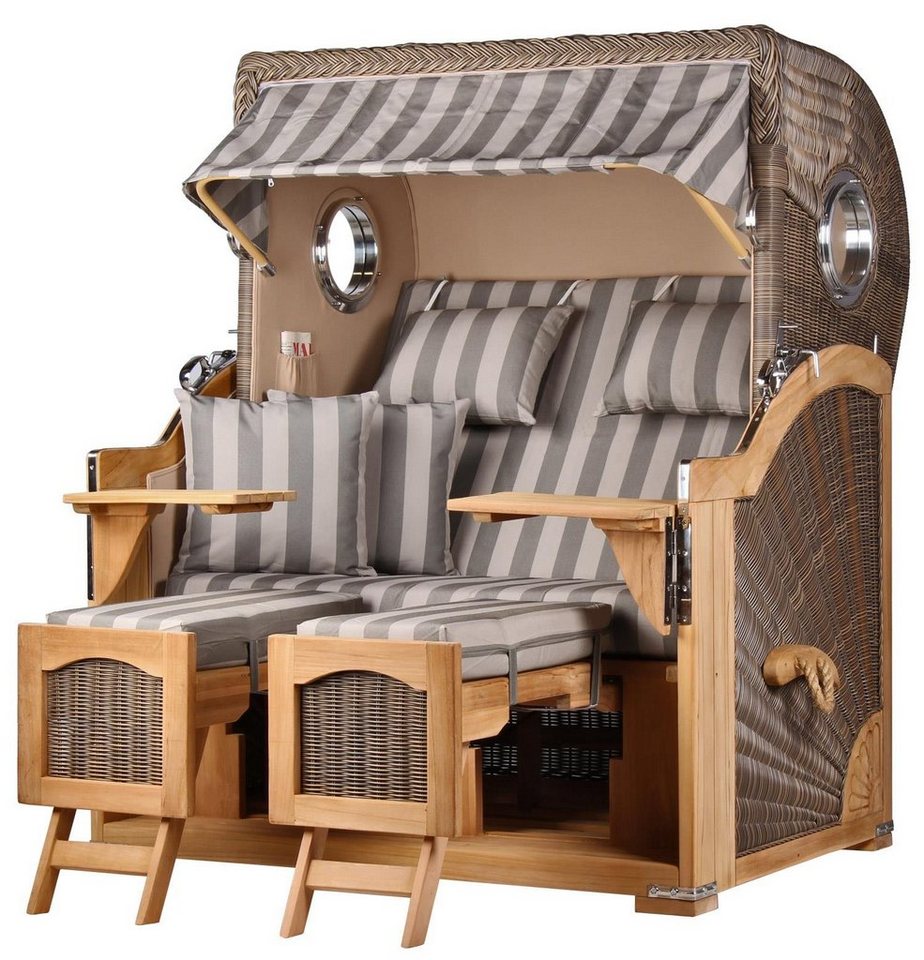bene living Strandkorb Ammersee 2-Sitzer Teak - PE grau - Modell 537, BxTxH: 125x80x165 cm, Volllieger ca. 175 Grad, Ostsee-Strandkorb Komplettset, inkl. Liftersystem und Bullaugen von bene living