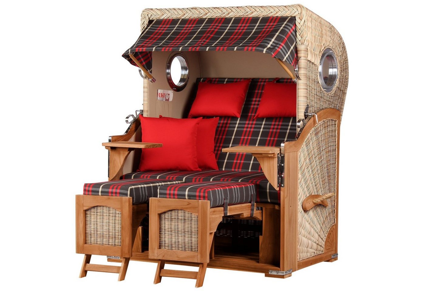 bene living Strandkorb Ammersee 2-Sitzer Teak - PE shell - Modell 529, BxTxH: 125x80x165 cm, Volllieger ca. 175 Grad, Ostsee-Strandkorb, inkl. Liftersystem und Bullaugen von bene living